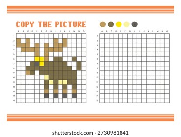 Kopieren Sie das Arbeitsblatt zum Zeichnen des Bildrasters für Kinder. Spaß und pädagogische Farbaktivität. Geeignet für das Üben von Zeichnen und Koordination Fähigkeiten. Pixel Art Moose