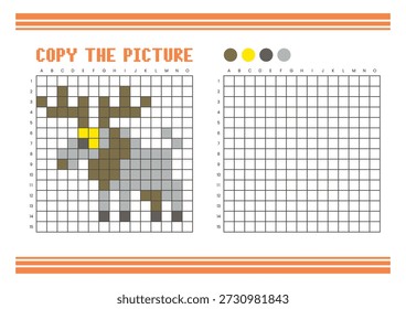 Kopieren Sie das Arbeitsblatt zum Zeichnen des Bildrasters für Kinder. Spaß und pädagogische Farbaktivität. Geeignet für das Üben von Zeichnen und Koordination Fähigkeiten. Pixel Art Moose