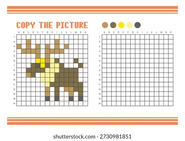 Kopieren Sie das Arbeitsblatt zum Zeichnen des Bildrasters für Kinder. Spaß und pädagogische Farbaktivität. Geeignet für das Üben von Zeichnen und Koordination Fähigkeiten. Pixel Art Moose