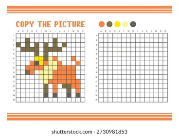 Copie la hoja de cálculo de dibujo de cuadrícula de imagen para niños. Diversión y actividad educativa para colorear. Adecuado para practicar habilidades de dibujo y coordinación. Alce de arte de píxel