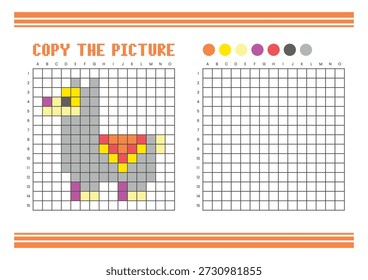 Copie la hoja de cálculo de dibujo de cuadrícula de imagen para niños. Diversión y actividad educativa para colorear. Adecuado para practicar habilidades de dibujo y coordinación. Pixel art llama