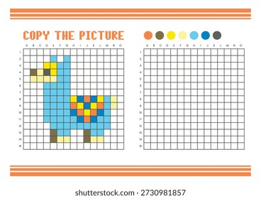 Copiar a planilha de desenho da grade de imagem para crianças. Atividade de coloração divertida e educacional. Adequado para praticar habilidades de desenho e coordenação. Pixel art lhama