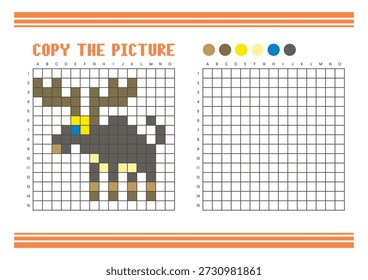 Copie la hoja de cálculo de dibujo de cuadrícula de imagen para niños. Diversión y actividad educativa para colorear. Adecuado para practicar habilidades de dibujo y coordinación. Alce de arte de píxel