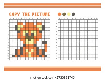 Copie la hoja de cálculo de dibujo de cuadrícula de imagen para niños. Diversión y actividad educativa para colorear. Adecuado para practicar habilidades de dibujo y coordinación. Pixel art lion
