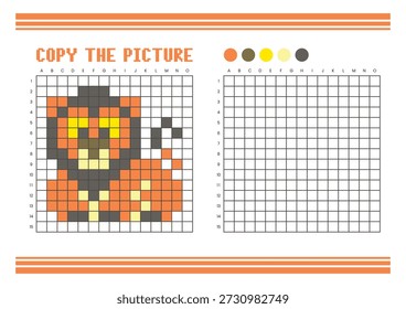 Copiar a planilha de desenho da grade de imagem para crianças. Atividade de coloração divertida e educacional. Adequado para praticar habilidades de desenho e coordenação. Leão de arte pixel