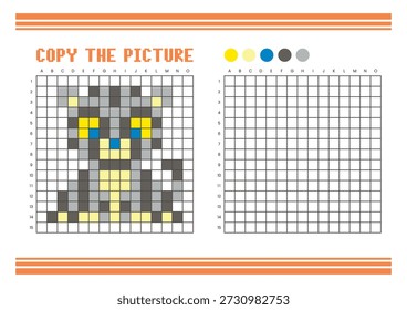 Copiar a planilha de desenho da grade de imagem para crianças. Atividade de coloração divertida e educacional. Adequado para praticar habilidades de desenho e coordenação. Chita de arte pixel