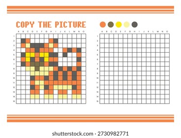 Copy the picture grid drawing worksheet for kids. Fun and educational coloring activity. Suitable for practicing drawing and coordination skills. Pixel art tiger