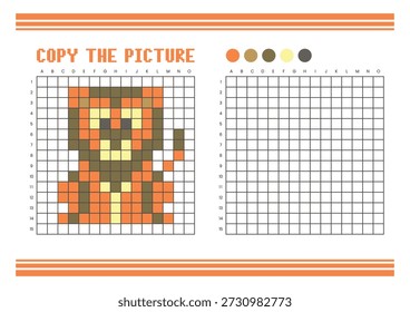 Copie la hoja de cálculo de dibujo de cuadrícula de imagen para niños. Diversión y actividad educativa para colorear. Adecuado para practicar habilidades de dibujo y coordinación. Pixel art lion