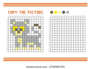 Copie la hoja de cálculo de dibujo de cuadrícula de imagen para niños. Diversión y actividad educativa para colorear. Adecuado para practicar habilidades de dibujo y coordinación. Pixel art lion