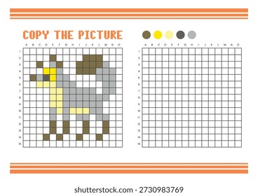 Copie la hoja de cálculo de dibujo de cuadrícula de imagen para niños. Diversión y actividad educativa para colorear. Adecuado para practicar habilidades de dibujo y coordinación. Pixel art fox