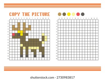 Copy the picture grid drawing worksheet for kids. Fun and educational coloring activity. Suitable for practicing drawing and coordination skills. Pixel art deer