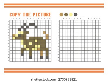 Copie la hoja de cálculo de dibujo de cuadrícula de imagen para niños. Diversión y actividad educativa para colorear. Adecuado para practicar habilidades de dibujo y coordinación. Píxel art antélope