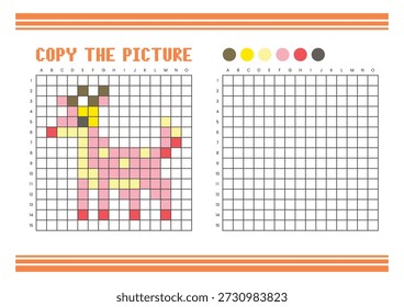Copy the picture grid drawing worksheet for kids. Fun and educational coloring activity. Suitable for practicing drawing and coordination skills. Pixel art deer