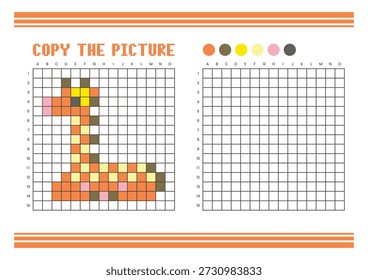 Copiar a planilha de desenho da grade de imagem para crianças. Atividade de coloração divertida e educacional. Adequado para praticar habilidades de desenho e coordenação. Girafa Pixel art