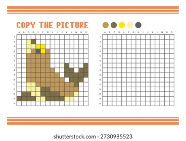 Copy the picture grid drawing worksheet for kids. Fun and educational coloring activity. Suitable for practicing drawing and coordination skills. Pixel art seal
