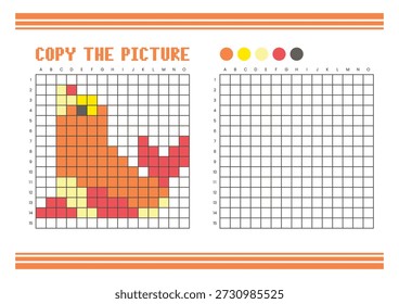 Copie la hoja de cálculo de dibujo de cuadrícula de imagen para niños. Diversión y actividad educativa para colorear. Adecuado para practicar habilidades de dibujo y coordinación. Sello de arte de píxeles