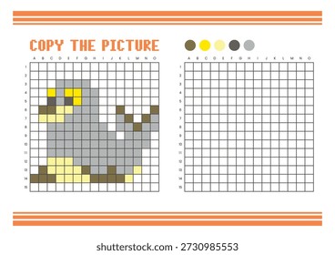 Copie la hoja de cálculo de dibujo de cuadrícula de imagen para niños. Diversión y actividad educativa para colorear. Adecuado para practicar habilidades de dibujo y coordinación. Sello de arte de píxeles
