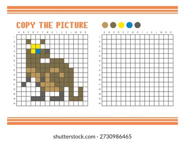 Copiar a planilha de desenho da grade de imagem para crianças. Atividade de coloração divertida e educacional. Adequado para praticar habilidades de desenho e coordenação. Canguru Pixel Art