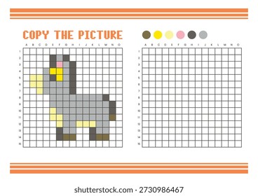 Copie la hoja de cálculo de dibujo de cuadrícula de imagen para niños. Diversión y actividad educativa para colorear. Adecuado para practicar habilidades de dibujo y coordinación. Burro del arte del pixel