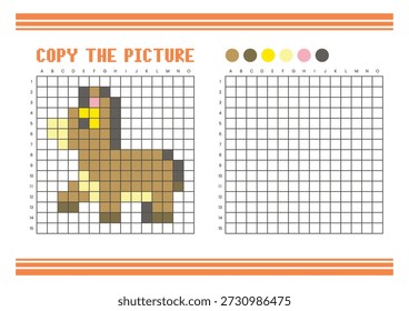 Copie la hoja de cálculo de dibujo de cuadrícula de imagen para niños. Diversión y actividad educativa para colorear. Adecuado para practicar habilidades de dibujo y coordinación. Burro del arte del pixel