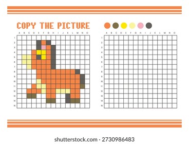 Copie la hoja de cálculo de dibujo de cuadrícula de imagen para niños. Diversión y actividad educativa para colorear. Adecuado para practicar habilidades de dibujo y coordinación. Burro del arte del pixel