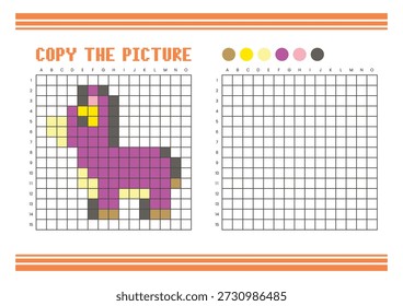 Copie la hoja de cálculo de dibujo de cuadrícula de imagen para niños. Diversión y actividad educativa para colorear. Adecuado para practicar habilidades de dibujo y coordinación. Burro del arte del pixel