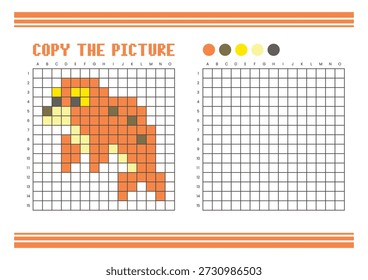 Copie la hoja de cálculo de dibujo de cuadrícula de imagen para niños. Diversión y actividad educativa para colorear. Adecuado para practicar habilidades de dibujo y coordinación. Sello de arte de píxeles