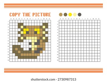 Copie la hoja de cálculo de dibujo de cuadrícula de imagen para niños. Diversión y actividad educativa para colorear. Adecuado para practicar habilidades de dibujo y coordinación. Pixel art axolotl