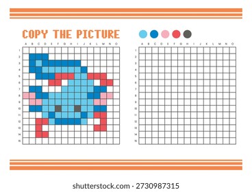 Copie la hoja de cálculo de dibujo de cuadrícula de imagen para niños. Diversión y actividad educativa para colorear. Adecuado para practicar habilidades de dibujo y coordinación. Pixel art axolotl