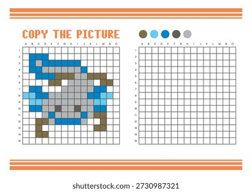 Copy the picture grid drawing worksheet for kids. Fun and educational coloring activity. Suitable for practicing drawing and coordination skills. Pixel art axolotl