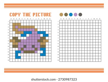 Copy the picture grid drawing worksheet for kids. Fun and educational coloring activity. Suitable for practicing drawing and coordination skills. Pixel art axolotl