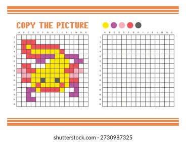 Copy the picture grid drawing worksheet for kids. Fun and educational coloring activity. Suitable for practicing drawing and coordination skills. Pixel art axolotl