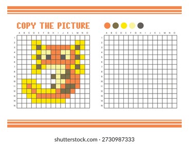 Copy the picture grid drawing worksheet for kids. Fun and educational coloring activity. Suitable for practicing drawing and coordination skills. Pixel art axolotl