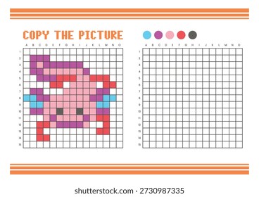 Copy the picture grid drawing worksheet for kids. Fun and educational coloring activity. Suitable for practicing drawing and coordination skills. Pixel art axolotl
