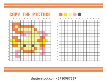 Copy the picture grid drawing worksheet for kids. Fun and educational coloring activity. Suitable for practicing drawing and coordination skills. Pixel art axolotl