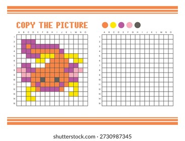 Copy the picture grid drawing worksheet for kids. Fun and educational coloring activity. Suitable for practicing drawing and coordination skills. Pixel art axolotl