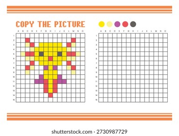 Copy the picture grid drawing worksheet for kids. Fun and educational coloring activity. Suitable for practicing drawing and coordination skills. Pixel art axolotl