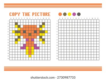 Copy the picture grid drawing worksheet for kids. Fun and educational coloring activity. Suitable for practicing drawing and coordination skills. Pixel art axolotl