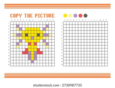 Copy the picture grid drawing worksheet for kids. Fun and educational coloring activity. Suitable for practicing drawing and coordination skills. Pixel art axolotl