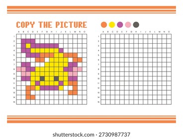 Copy the picture grid drawing worksheet for kids. Fun and educational coloring activity. Suitable for practicing drawing and coordination skills. Pixel art axolotl