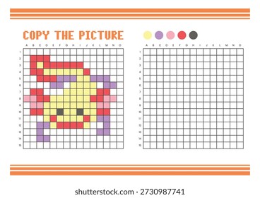 Copy the picture grid drawing worksheet for kids. Fun and educational coloring activity. Suitable for practicing drawing and coordination skills. Pixel art axolotl