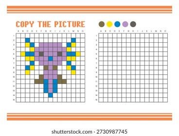 Copy the picture grid drawing worksheet for kids. Fun and educational coloring activity. Suitable for practicing drawing and coordination skills. Pixel art axolotl