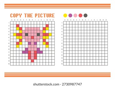 Copy the picture grid drawing worksheet for kids. Fun and educational coloring activity. Suitable for practicing drawing and coordination skills. Pixel art axolotl