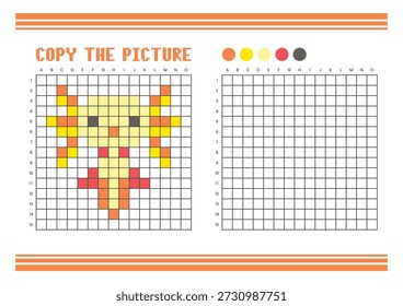 Copy the picture grid drawing worksheet for kids. Fun and educational coloring activity. Suitable for practicing drawing and coordination skills. Pixel art axolotl