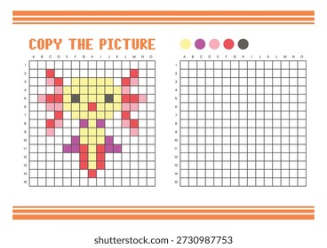 Copy the picture grid drawing worksheet for kids. Fun and educational coloring activity. Suitable for practicing drawing and coordination skills. Pixel art axolotl