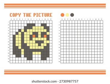 Kopieren Sie das Arbeitsblatt zum Zeichnen des Bildrasters für Kinder. Spaß und pädagogische Farbaktivität. Geeignet für das Üben von Zeichnen und Koordination Fähigkeiten. Pixel Art Panda