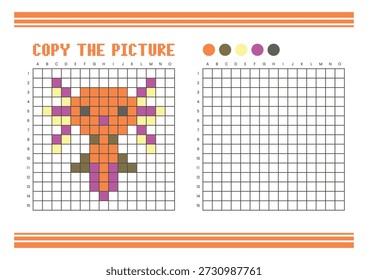Copy the picture grid drawing worksheet for kids. Fun and educational coloring activity. Suitable for practicing drawing and coordination skills. Pixel art axolotl