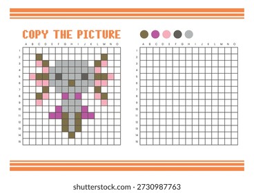 Copy the picture grid drawing worksheet for kids. Fun and educational coloring activity. Suitable for practicing drawing and coordination skills. Pixel art axolotl