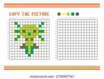 Copy the picture grid drawing worksheet for kids. Fun and educational coloring activity. Suitable for practicing drawing and coordination skills. Pixel art axolotl