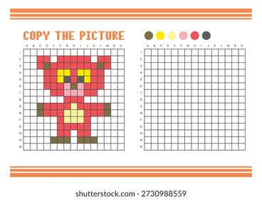 Copie la hoja de cálculo de dibujo de cuadrícula de imagen para niños. Diversión y actividad educativa para colorear. Adecuado para practicar habilidades de dibujo y coordinación. Pixel arte oso